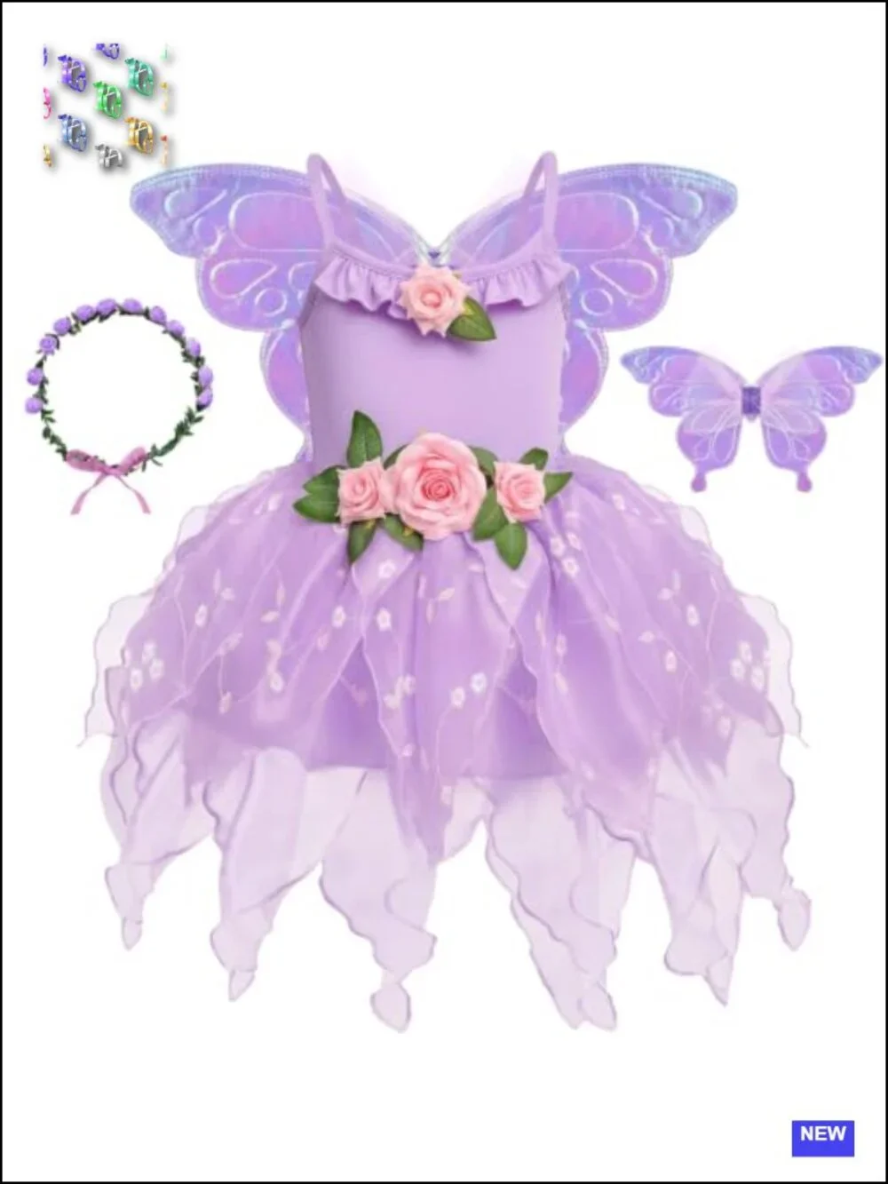 Girls Fairy Costume Dress Set with Butterfly Wings and Flower Headband for